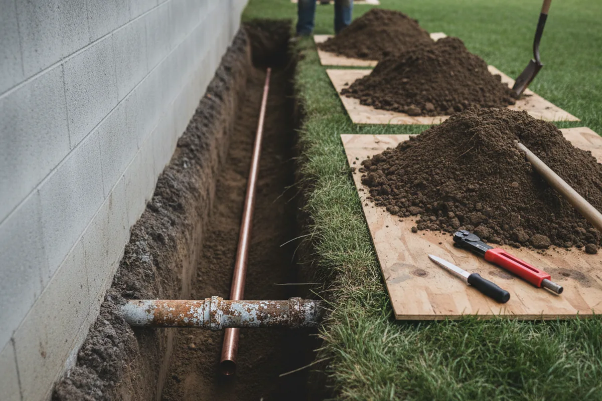 Excavated water line trench during Sewer Line Repair in Gardena